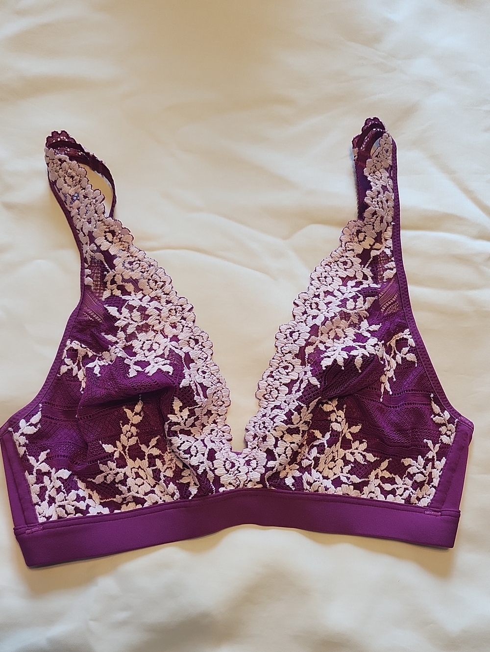Wacoal Plum Lace Plunge Bralette with Light-Lilac Floral Embroidery